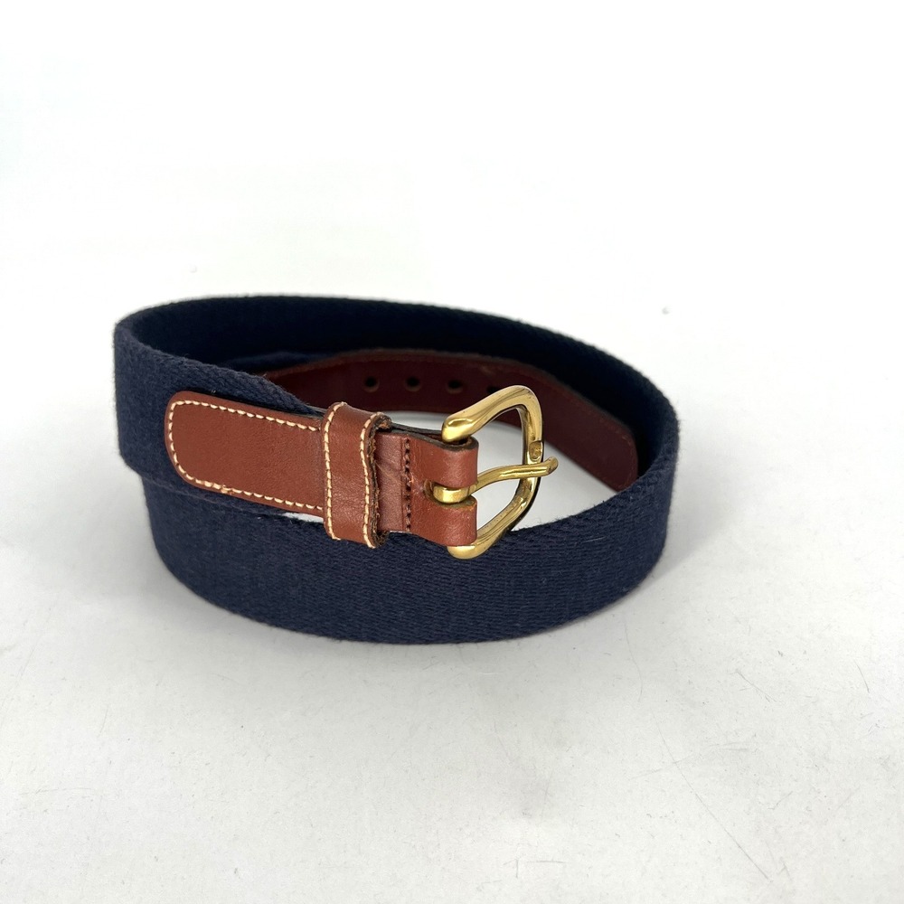 Vtg Dooney & Bourke At Ease Belt Womens 26 Blue Canvas Brown Leather Solid Brass
